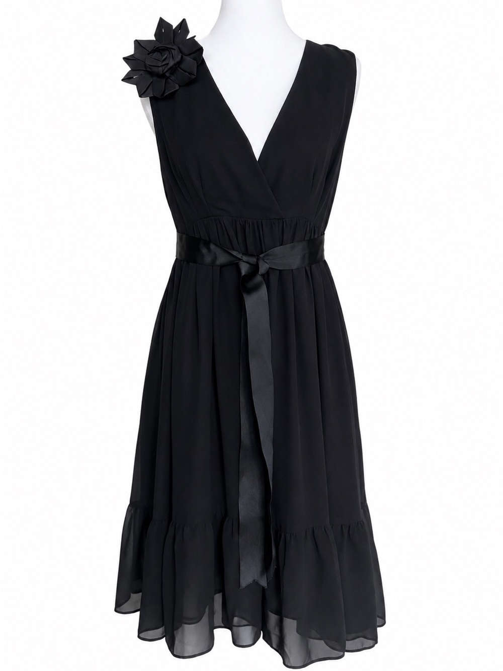 Wendy Katlen Black Chiffon V-Neck Cocktail Dress Size 4 Rosette Ruffle Hem LBD
